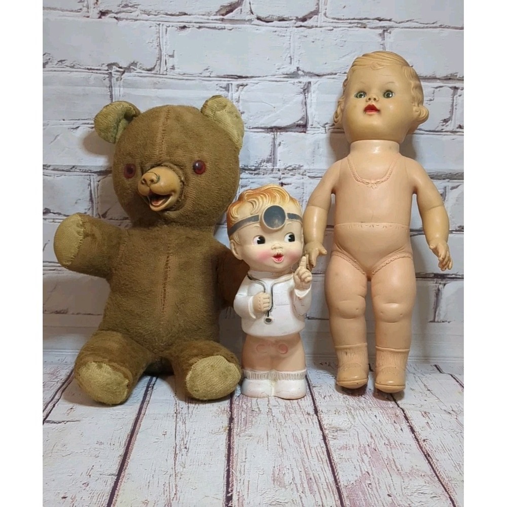 Vintage 50s Toy Lot Of 3 Ideal‎ Toys Teddy Bear, Sun Rubber Doll & Squeaker Doll